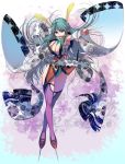  1girl aqua_eyes aqua_hair armpits bare_shoulders breasts cleavage feathers flower full_body highres hips japanese_clothes kimono large_breasts legs long_hair masao mouth_hold original purple_legwear solo thigh-highs thighs 