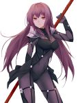  1girl arm_behind_back armor bodysuit breasts covered_navel cowboy_shot fate/grand_order fate_(series) gae_bolg highres holding holding_weapon long_hair polearm purple_hair scathach_(fate/grand_order) shoulder_armor simple_background solo spear violet_eyes weapon white_background zen_o 