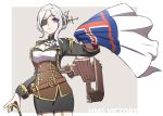  ascot belt cane cleavage_cutout epaulettes eyepatch flag garter_straps grey_hair hair_bun hair_ornament highres looking_at_viewer lulu_heika military mole mole_under_eye parted_lips pencil_skirt skirt underbust victory_(zhan_jian_shao_nyu) violet_eyes zhan_jian_shao_nyu 