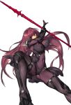  1girl armor armored_boots ass bad_id bodysuit boots breasts covered_navel covered_nipples dual_wielding fate/grand_order fate_(series) gae_bolg high_heels highres holding holding_weapon long_hair looking_at_viewer melon22 polearm purple_hair red_eyes scathach_(fate/grand_order) simple_background solo spear weapon white_background 