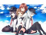  4girls ^_^ absurdres akatsuki_(kantai_collection) anchor_symbol black_legwear blue_eyes brown_eyes brown_hair closed_eyes commentary_request fang flat_cap hamaru_(s5625t) hat hibiki_(kantai_collection) highres hug hug_from_behind ikazuchi_(kantai_collection) inazuma_(kantai_collection) kantai_collection kneehighs long_hair multiple_girls neckerchief necktie open_mouth pantyhose pleated_skirt purple_hair red_necktie school_uniform serafuku short_hair silver_hair sitting skirt thigh-highs violet_eyes 