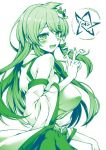  1girl akanagi_youto bare_shoulders belt blush breasts detached_sleeves elder_sign frog_hair_ornament hair_ornament kochiya_sanae large_breasts long_hair looking_to_the_side monochrome open_mouth snake_hair_ornament solo touhou v 