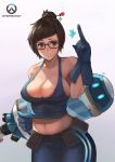  1girl bangs bare_shoulders belt_pouch black-framed_eyewear blue_gloves breasts brown_eyes brown_hair cleavage comic copyright_name cowboy_shot gas_cylinder glasses gloves gradient gradient_background hair_ornament hair_stick highres index_finger_raised large_breasts logo looking_at_viewer mei_(overwatch) midriff mr.tendou navel no_bra overwatch pants parted_lips pouch shirt_lift simple_background solo strap_gap swept_bangs tank_top 