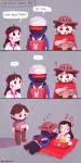  ... 1girl 2boys :3 :o =_= ? absurdres artist_name beard belt bowl brown_eyes brown_hair cape cape_removed chibi chopsticks cigar commentary cowboy_hat d.va_(overwatch) eating face_mask facial_hair facial_mark food gloves grey_background hat hat_removed headphones headwear_removed highres holding jacket korean lighter long_hair looking_at_another lying mask mccree_(overwatch) multiple_boys musical_note neckerchief ninecoin_9 noodles on_back overwatch puffy_cheeks school_uniform serafuku short_hair simple_background sleeping soldier:_76_(overwatch) speech_bubble spoken_ellipsis translated twitter_username visor whisker_markings zzz 