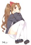  1girl aloe_(quiz_magic_academy) blush brown_eyes brown_hair katou_itsuwa long_hair looking_at_viewer mary_janes quiz_magic_academy shoes simple_background sitting solo thigh-highs twintails white_background white_legwear 