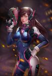  1girl armor bangs bodysuit bracer breasts brown_eyes brown_hair bunny_print charm_(object) contrapposto covered_navel cowboy_shot d.va_(overwatch) dong_cheng_shilang facepaint facial_mark gloves gun hand_on_hip hand_up handgun headphones high_collar holding holding_gun holding_weapon legs_apart lips lipstick long_hair looking_at_viewer makeup medium_breasts one_eye_closed overwatch parted_lips pauldrons pilot_suit pink_lips pinky_out ribbed_bodysuit shoulder_pads smile solo thigh_strap turtleneck weapon whisker_markings white_gloves 