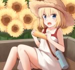  1girl bangs blonde_hair blue_eyes blush canteen commentary_request corn dress flower girls_und_panzer hat highres holding kapatarou katyusha looking_at_viewer open_mouth short_hair sitting solo sun_hat sundress sunflower white_dress 