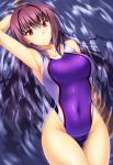  1girl afloat arm_at_side arm_up armpits bare_arms bare_shoulders blush breasts competition_swimsuit covered_navel cowboy_shot emanon123 fate/grand_order fate_(series) from_above highres large_breasts long_hair looking_at_viewer looking_up one-piece_swimsuit panties purple_swimsuit red_eyes scathach_(fate/grand_order) solo swimsuit thigh_gap thighs underwear very_long_hair wakamezake water 