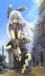  1girl :o absurdres alternate_eye_color bangs blue_sky blunt_bangs bodysuit buttons chicken99 commentary_request crossed_legs dress hair_ribbon headgear highres inline_skates kantai_collection long_hair looking_to_the_side military military_vehicle murakumo_(kantai_collection) remodel_(kantai_collection) ribbon roller_skates sailor_dress school_uniform serafuku ship sidelocks silver_hair sitting skates sky solo tassel tress_ribbon v_arms warship watercraft wind yellow_eyes 