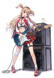  1girl :d bangs blue_eyes collar electric_guitar fake_horns full_body guitar hairband hamster head_tilt highres instrument kinchee long_hair midriff navel open_mouth original playing_instrument pleated_skirt skirt smile solo speaker standing thigh_strap two_side_up 