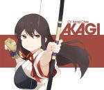  1girl akagi_(kantai_collection) archery armpit_peek armpits bangs black_hair bow_(weapon) character_name clenched_hands closed_mouth eyebrows eyebrows_visible_through_hair holding holding_weapon kantai_collection kyuudou long_hair looking_at_viewer multicolored_background multicolored_hair muneate solo souji tasuki two-tone_hair upper_body weapon yellow_eyes yugake 
