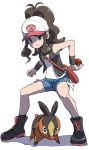  1girl bag baseball_cap black_vest blue_eyes boots brown_hair denim denim_shorts hat high_ponytail highres long_hair poke_ball pokemon pokemon_(creature) pokemon_(game) pokemon_bw ponytail satchel shadow shirt shorts tepig touko_(pokemon) vest white_background white_shirt wristband yamamoto_souichirou 