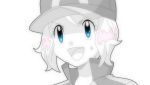  1girl baseball_cap blue_eyes blush cosplay female hat monochrome open_mouth pokemon pokemon_(anime) satoshi_(pokemon) satoshi_(pokemon)_(cosplay) serena_(pokemon) short_hair smile solo spot_color watanabegenn white_background 