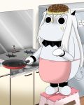  (o)_(o) apron comic commentary cooking food food_on_face food_on_head frying_pan full_body horns jewelry kantai_collection kitchen long_hair mittens moomin moomintroll muppo northern_ocean_hime object_on_head okonomiyaki refrigerator revision sazanami_konami shinkaisei-kan standing standing_on_object step stool stove translated 