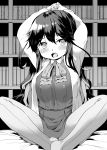  1girl arm_up bookshelf breasts danbo_(rock_clime) dress highres indian_style jacket kantai_collection large_breasts long_hair looking_at_viewer monochrome naganami_(kantai_collection) no_shoes open_mouth pantyhose sitting solo 