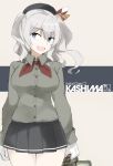 1girl alternate_costume bangs beret black_skirt breasts buttons collared_shirt cowboy_shot eyebrows eyebrows_visible_through_hair gloves grey_shirt hat holding kantai_collection kashima_(kantai_collection) large_breasts long_hair long_sleeves looking_to_the_side multicolored_background neckerchief open_mouth pleated_skirt shirt sidelocks signature silver_hair skirt smile solo souji standing twintails two-tone_background white_gloves 