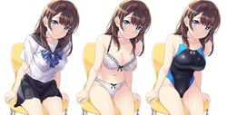  1girl bare_shoulders black_skirt blue_eyes blush bow bow_bra bow_panties bowtie bra breasts brown_hair chair cleavage collarbone competition_swimsuit covered_navel eyebrows eyebrows_visible_through_hair from_above hair_ornament hairclip highres large_breasts long_hair looking_at_viewer miniskirt nagayori navel one-piece_swimsuit original panties pleated_skirt polka_dot polka_dot_bra polka_dot_panties school_uniform serafuku shiny shiny_clothes shiny_hair shiny_skin short_sleeves sideboob simple_background sitting skin_tight skirt smile solo swimsuit thighs underwear underwear_only variations white_background white_bra white_panties 