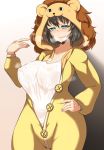  1girl alternate_skin_color bangs breasts brown_hair cleavage cowboy_shot dripping girls_und_panzer green_eyes hand_on_hip hoshino_(girls_und_panzer) hot large_breasts leopon_(animal) long_sleeves mascot_costume pandain parted_lips shirt short_hair solo standing sweat sweating sweating_profusely unbuttoned wet wet_clothes wet_shirt white_shirt white_skin 