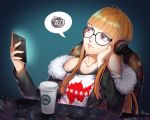  1girl aruetsuto cellphone coffee collarbone frown glasses jacket long_hair off_shoulder orange_hair persona persona_5 phone red_eyes sakura_futaba smartphone solo spoken_squiggle squiggle 