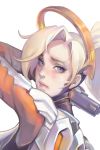  1girl blonde_hair blue_eyes change_(437483723) close-up face gun handgun highres lips looking_at_viewer looking_back mechanical_halo mercy_(overwatch) overwatch pistol ponytail short_hair simple_background solo weapon white_background 