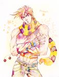  1boy :o azumadori_tsugumi clacker contrapposto cowboy_shot crop_top fingerless_gloves gloves groin jojo_no_kimyou_na_bouken joseph_joestar_(young) male_focus midriff muscle pink_hair scarf signature solo sparkle star striped striped_scarf traditional_media twitter_username 