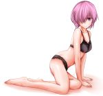  arm_support black_bra black_panties bra breasts cleavage fate/grand_order fate_(series) full_body highres lace-trimmed_bra lace-trimmed_panties looking_at_viewer panties purple_hair shielder_(fate/grand_order) short_hair underwear violet_eyes white_background wrinkles yin_man_tong_xing 