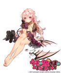  1girl barefoot boots_removed breasts cleavage copyright_name gloves hairband_removed long_hair looking_at_viewer pink_eyes pink_hair pointy_ears purple_gloves sitting solo sukja uchi_no_hime-sama_ga_ichiban_kawaii wings_removed 
