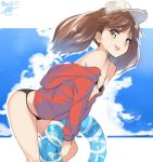  1girl alternate_costume bare_legs bare_shoulders bikini bikini_under_clothes black_bikini brown_hair commentary_request innertube isshiki_(ffmania7) kantai_collection looking_at_viewer open_mouth ryuujou_(kantai_collection) solo swimsuit twintails twitter_username visor_cap yellow_eyes 
