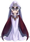  1girl breasts cape cleavage cleavage_cutout crown dress elbow_gloves full_body gem gloves green_hair imanaka_koutarou jewelry large_breasts pointy_ears rune_lord short_hair simple_background solo standing violet_eyes white_background 