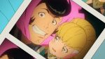  1boy 1girl adelie_(space_dandy) black_hair blonde_hair blush brown_eyes cleft_chin close-up costume dandy_(space_dandy) grin hair_up multicolored_eyes photo_(object) pompadour purikura screencap smile space_dandy yellow_eyes 