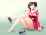  1girl absurdres black_hair brown_eyes collarbone full_body hair_ribbon highres japanese_clothes kimono koutetsujou_no_kabaneri long_hair melonplus mumei_(kabaneri) purple_ribbon ribbon shoe_dangle short_hair short_kimono short_twintails short_yukata single_shoe sitting solo twintails yellow_ribbon yukata 