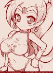  1girl breasts circlet cleavage contrapposto dated earrings hand_on_hip hatching_(texture) high_ponytail jewelry large_breasts long_hair midriff miyata_gakuman monochrome navel o-ring_top pointy_ears shantae shantae_(character) smile solo tegaki_draw_and_tweet twitter_username vest wrist_cuffs 