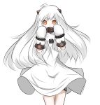  1girl ahoge blush collar covered_mouth cowboy_shot dress gloves highres horns jpeg_artifacts kantai_collection long_hair looking_at_viewer northern_ocean_hime pale_skin pan-ooh red_eyes simple_background solo thigh_gap thigh_strap thighs very_long_hair white_background white_dress white_gloves white_hair white_skin 