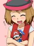  1girl blonde_hair blush hat kuro_hopper open_mouth pokemon pokemon_(anime) satoshi_(pokemon) serena_(pokemon) short_hair smile solo stuffed_toy 