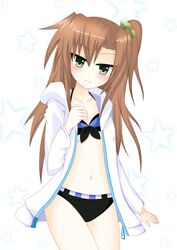  1girl absurdres blush bow brown_hair green_eyes hair_bow hair_ornament highres if_(choujigen_game_neptune) jacket long_hair looking_at_viewer navel neptune_(series) ribbon solo swimsuit yasei 