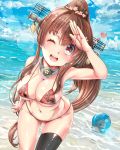  1girl ;d absurdres ass ass_visible_through_thighs ball bare_shoulders beach beachball bikini black_legwear blue_sky breasts brown_hair cherry_blossoms clouds cloudy_sky collar flower hair_flower hair_ornament headgear heart highres kantai_collection kentarosu7 kikumon large_breasts leaning_forward long_hair looking_at_viewer navel one_eye_closed open_mouth ponytail round_teeth salute single_thighhigh sky smile solo stomach swimsuit teeth thigh-highs thigh_gap thighs very_long_hair water yamato_(kantai_collection) 