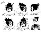  ! 1girl beads black-framed_eyewear blush character_name closed_eyes coat flying_sweatdrops from_side fur-lined_jacket fur_coat fur_trim glasses gloves hair_bun hair_ornament hair_stick head_tilt hwansang looking_at_viewer looking_back mei_(overwatch) monochrome open_mouth overwatch parka profile shaking short_hair sidelocks smile snowflake_hair_ornament solo surprised upper_body winter_clothes winter_coat 