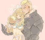  1boy 1girl alcohol armor beard beer beer_mug benoit_(fire_emblem_if) blonde_hair blush bow breasts charlotte_(fire_emblem_if) cleavage closed_eyes facial_hair fire_emblem fire_emblem_if gloves hair_bow heart hetero kannawataame large_breasts long_hair midriff pink_background scar short_hair smile white_bow 