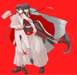  2boys black_hair blue_eyes braid clenched_teeth finger_to_mouth full_body furutachirikonbu hakama horikawa_kunihiro izumi-no-kami_kanesada japanese_clothes long_hair male_focus multiple_boys open_mouth ribbon side_braid teeth touken_ranbu towel very_long_hair 