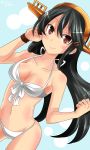  1girl alternate_costume bare_shoulders bikini black_hair breasts cleavage collarbone commentary_request front-tie_bikini front-tie_top hairband haruna_(kantai_collection) headgear hebitsukai-san highres kantai_collection looking_at_viewer medium_breasts navel red_eyes swimsuit white_bikini 