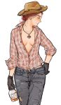  1girl alcohol blouse blue_eyes blush bottle breasts buttons collarbone cowboy_hat cowboy_shot fallout fallout_new_vegas gloves hand_on_hip hat jewelry looking_away necklace pants profile redhead rose_of_sharon_cassidy simple_background solo unbuttoned whiskey white_background y_(chos) 