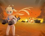  1girl absurdres ahoge aircraft airplane albacore_(zhan_jian_shao_nyu) american_flag_bikini aqua_eyes bikini blonde_hair blush_stickers carrying_under_arm ero_mang-a explosion flag_print hair_ornament highres long_hair looking_away ocean ship solo strap_slip sun sunset swimsuit torpedo twintails water watercraft wind zhan_jian_shao_nyu 