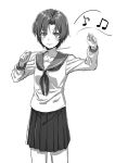  1girl character_request looking_at_viewer monochrome musical_note puma_(hyuma1219) sailor_collar school_uniform short_hair simple_background sketch skirt solo white_background 