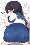  1girl all_fours ass black_hair blush brown_eyes clenched_hands danbo_(rock_clime) highres kantai_collection looking_back on_bed school_uniform serafuku skirt solo ushio_(kantai_collection) 
