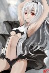  1girl air_defense_hime armpits arms_up bangs bare_shoulders breasts commentary_request eyebrows eyebrows_visible_through_hair grey_background grin hair_between_eyes hairband kantai_collection long_hair red_eyes shinkaisei-kan small_breasts smile solo under_boob very_long_hair white_hair white_skin yanagi_wakana 