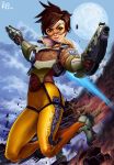  1girl bodysuit bomber_jacket brown_hair character_name completion_time cropped_jacket dual_wielding full_body full_moon gloves goggles green_eyes gun handgun high_collar highres jacket making_of moon overwatch pistol ryu_shou shoes short_hair sneakers solo spiky_hair tracer_(overwatch) weapon 
