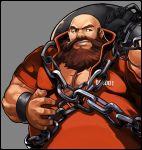  1boy bald ball_and_chain beard big_belly blue_eyes chain chang_koehan emmakof eyebrows facial_hair highres huge_weapon male_focus solo the_king_of_fighters the_king_of_fighters_xiv thick_eyebrows weapon 