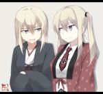  2girls alternate_costume bangs bismarck_(kantai_collection) black_ribbon blonde_hair blue_eyes breasts closed_mouth collarbone collared_shirt crossed_arms eye_contact eyebrows eyebrows_visible_through_hair graf_zeppelin_(kantai_collection) grey_background hair_between_eyes hanten_(clothes) iron_cross japanese_clothes kantai_collection kimono letterboxed long_hair long_sleeves looking_at_another medium_breasts multiple_girls necktie open_mouth print_kimono red_ribbon ribbon shadow shirt sidelocks signature simple_background smile souji twintails upper_body white_shirt 