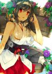  1girl bare_shoulders black_hair breasts commentary_request hair_ornament hairband hand_in_hair headband japanese_clothes kantai_collection large_breasts looking_at_viewer momoiro nontraditional_miko pleated_skirt red_eyes red_skirt remodel_(kantai_collection) short_hair skirt solo turret yamashiro_(kantai_collection) 