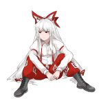  1girl blush boots bow closed_mouth cross-laced_footwear fujiwara_no_mokou full_body hair_bow highres jpeg_artifacts long_hair looking_to_the_side open_eyes pan-ooh pants silver_hair simple_background sitting solo suspenders touhou white_background 